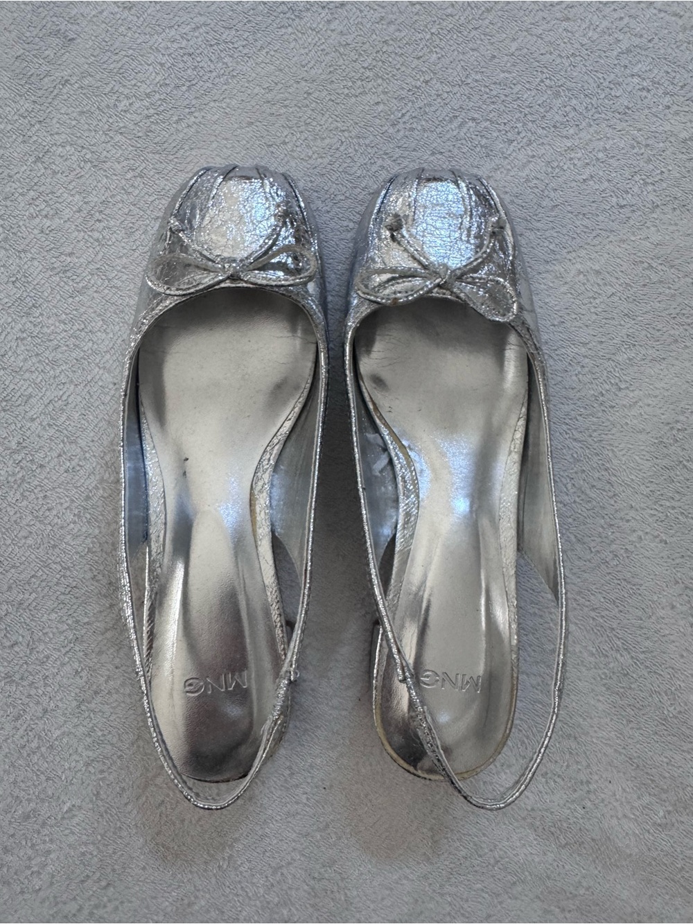 Mango Metallic Silver Slingback Ballet Flats with Bow Accent